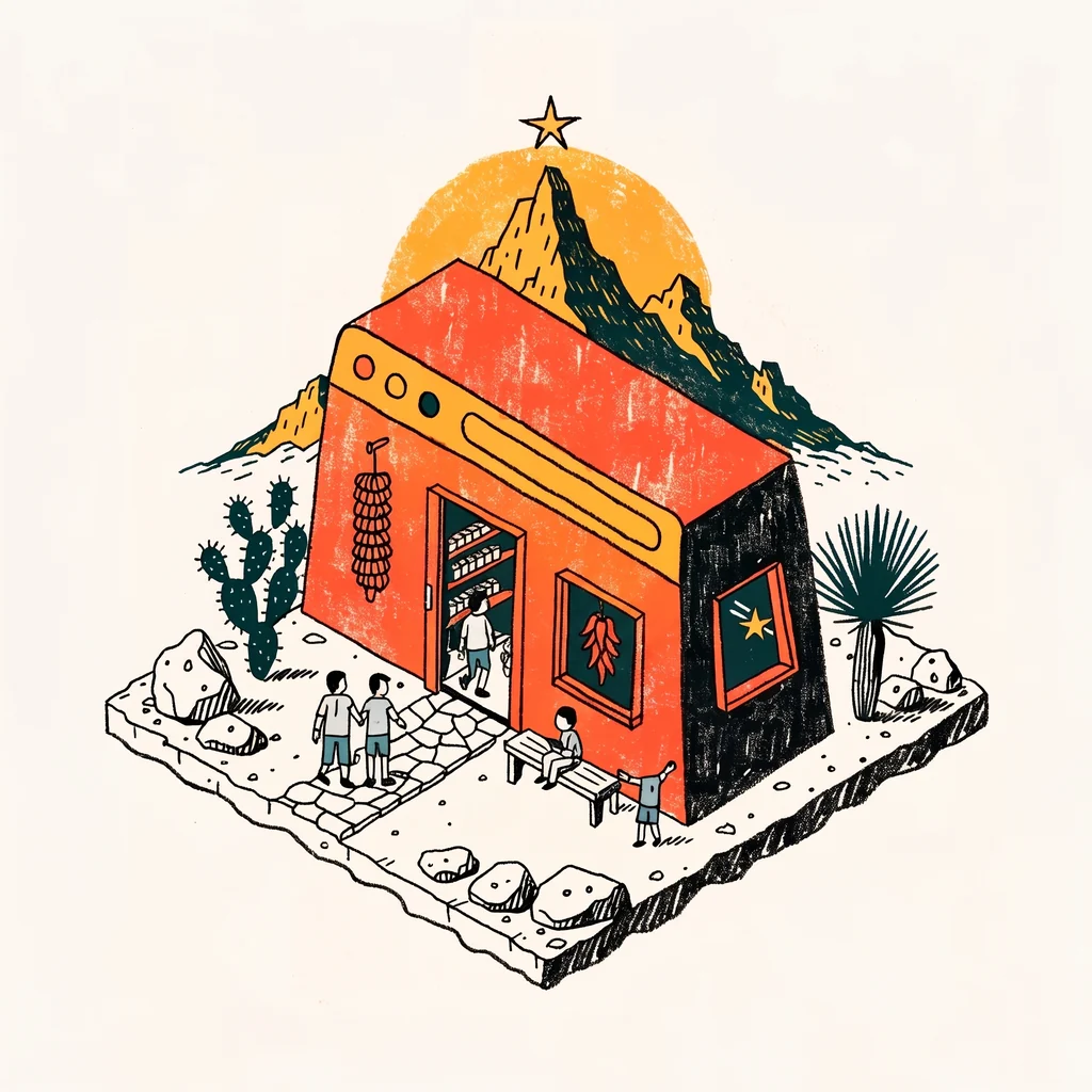 Illustration of people arriving at a small storefront shaped like a web browser, under the Franklin Mountains